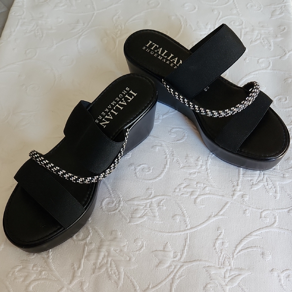 Italian Shoemakers Black Platform Slides with Rhinestone Accent